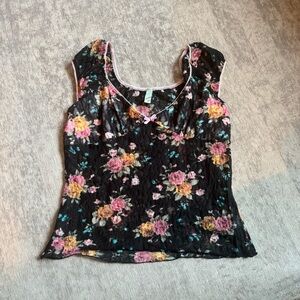 Vintage Y2K Lace Top L Black V-neck Cap Short Sleeve Sheer Bow Bias Cut Floral